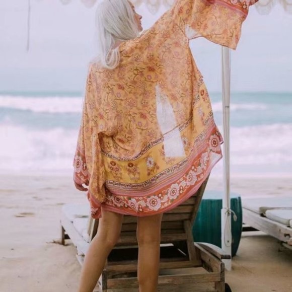boho floral print mustard cut out sleeve kimono - Picture 3 of 9